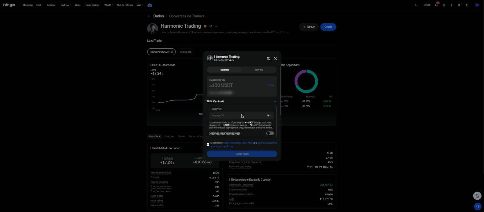 Janela de copiar trader na BingX com modos Taxa fixa e Valor fixo, investimento mínimo de 100 USDT e TP/SL opcional