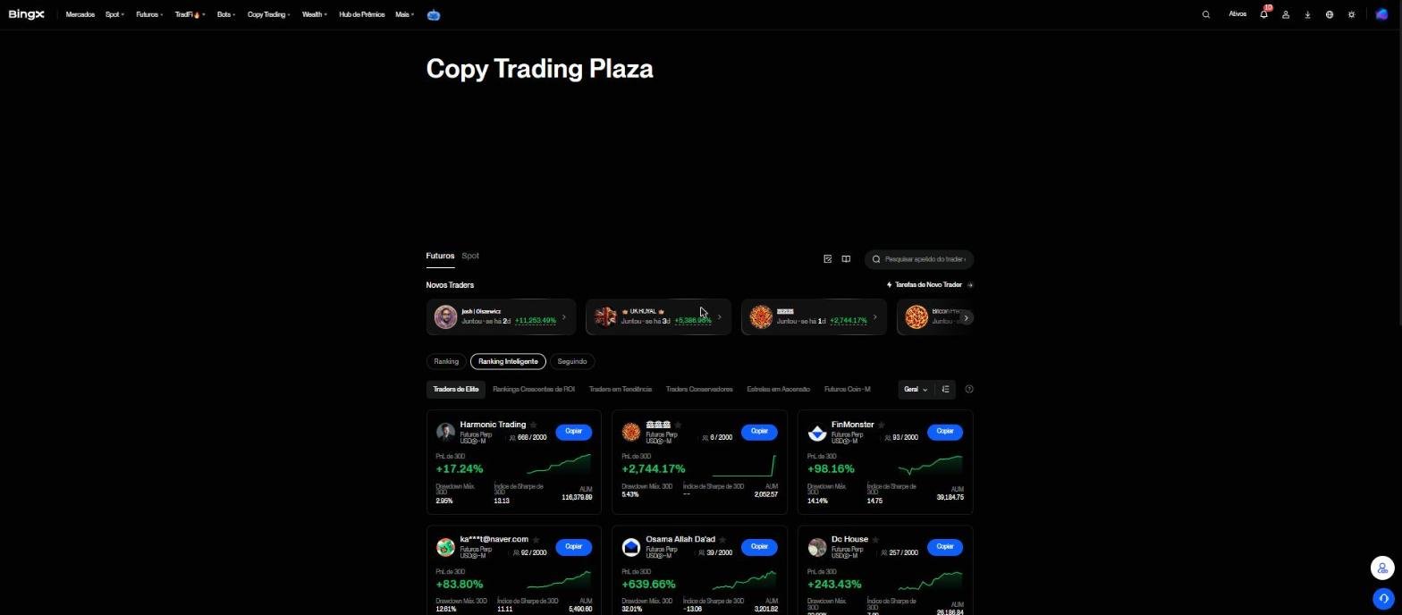Copy Trading Plaza da BingX com cards de traders, PnL de 30 dias, drawdown máximo e índice de Sharpe