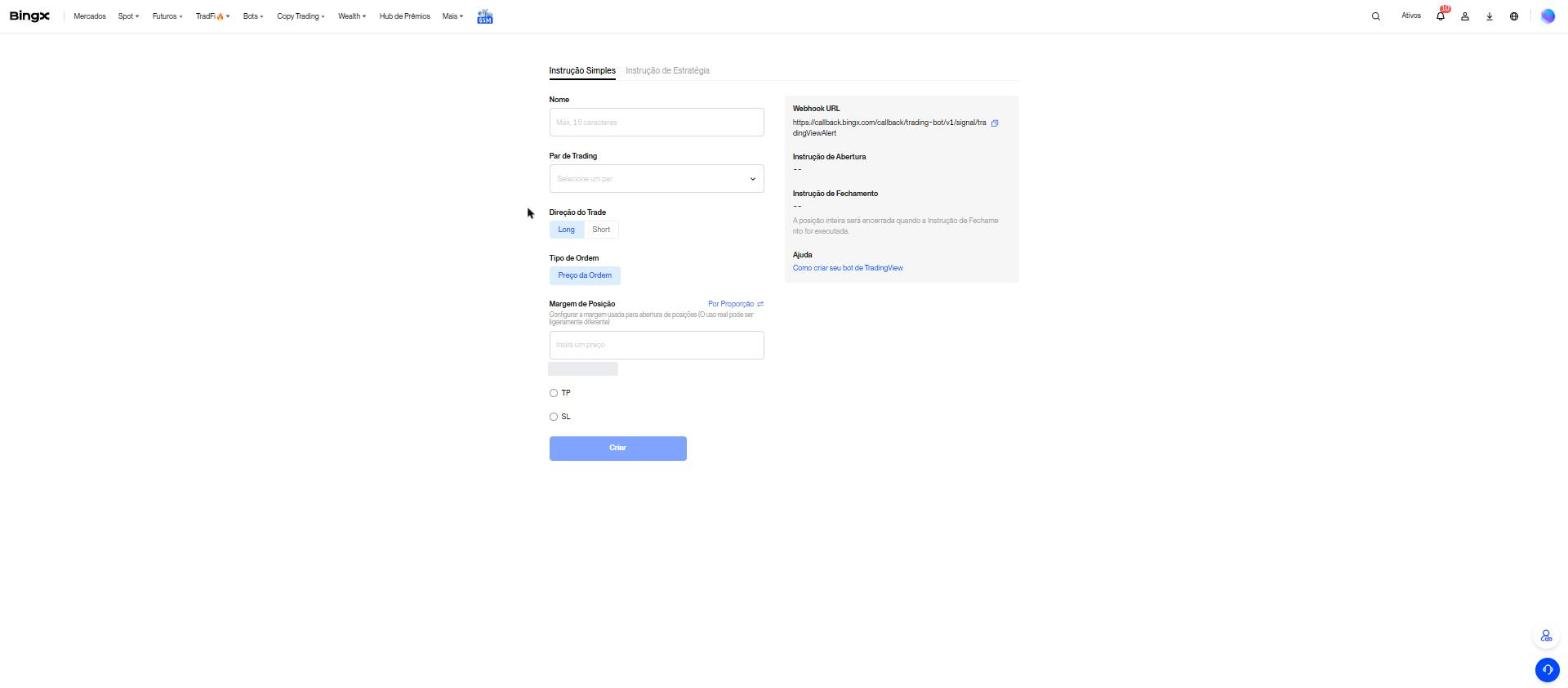 Formulário de criar instrução simples na BingX com par, direção, tipo de ordem, margem e TP/SL, e a Webhook URL ao lado