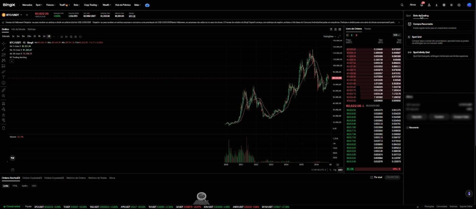 Aba Bots de Trading na tela spot da BingX com Compra Recorrente, Spot Grid e Spot Infinity Grid